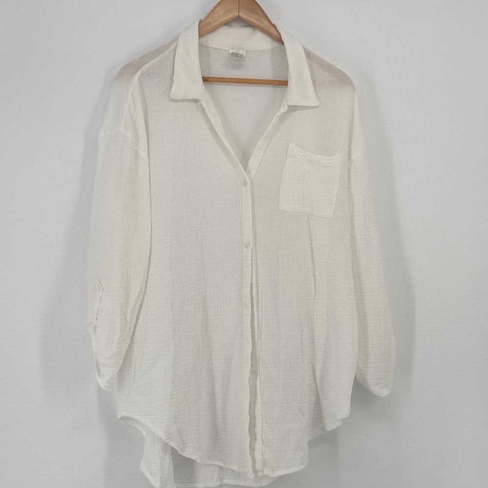 Kona Sol Women Gauze Button Down Shirt L White Roll Tab Sleeve Coverup
